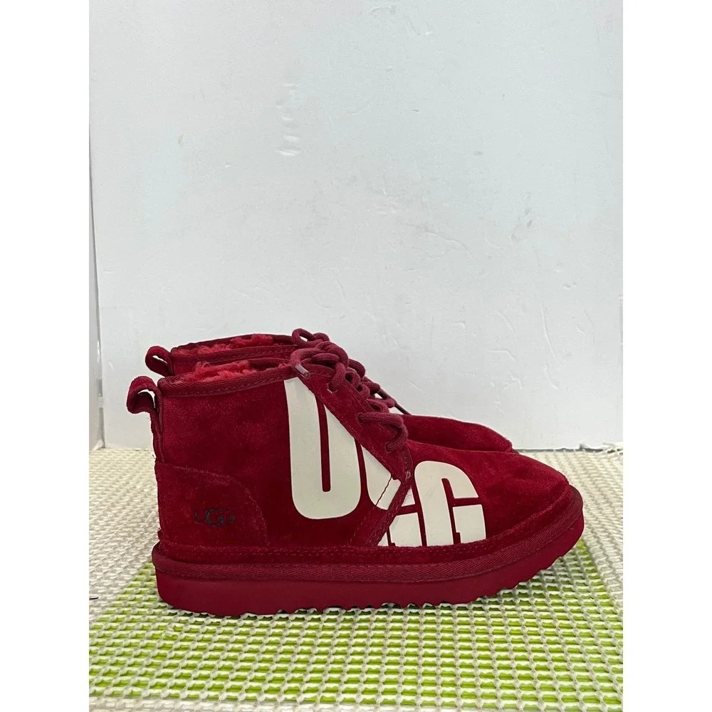 UGG Neumel‎ Graphic Samba Lace Up Boots Kids Size 4 Red Suede 1129054K EUC